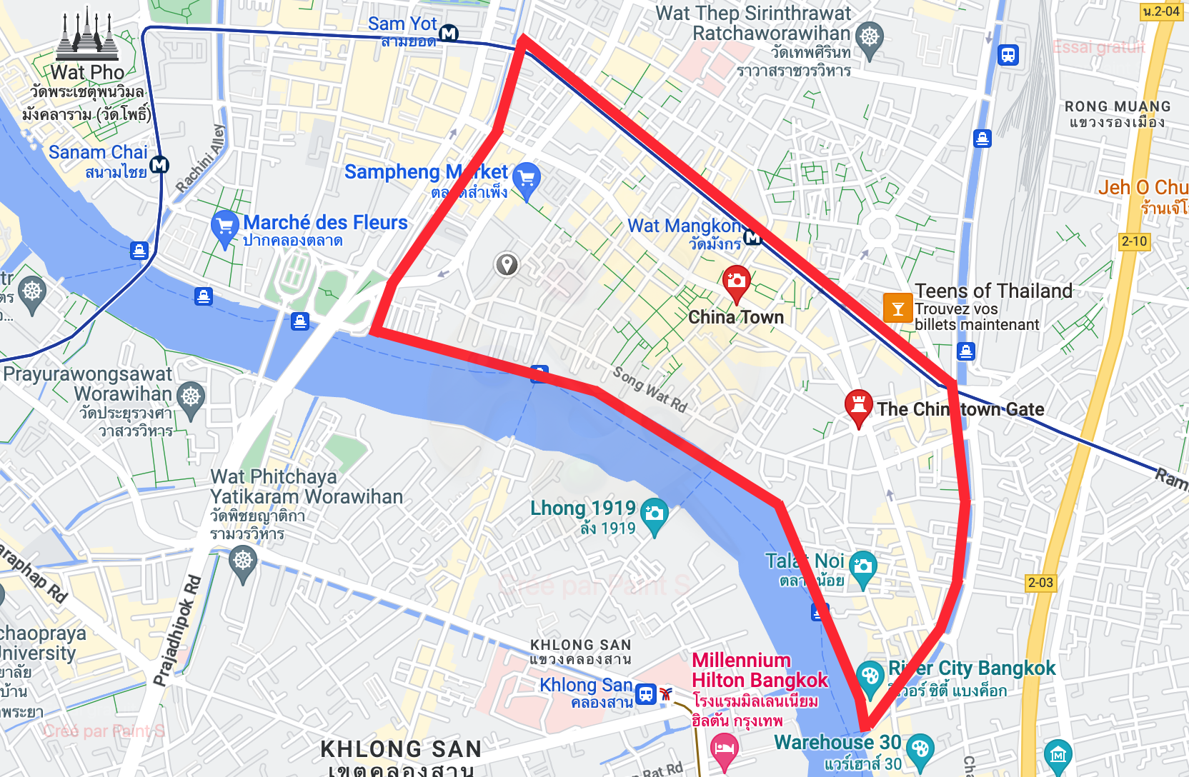 Carte avec délimitation du quartier de Chinatown de Bangkok en Thaïlande